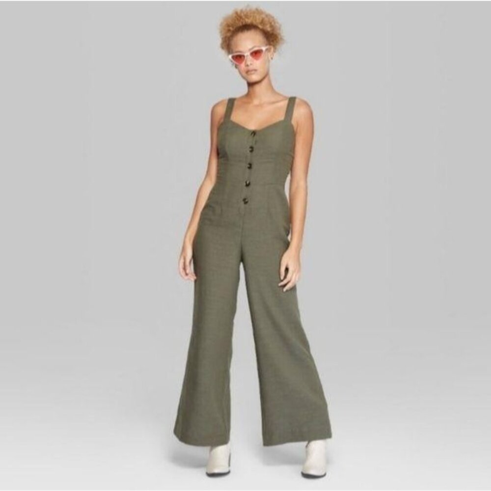 Wild Fable Olive Green Button-Up Jumpsuit With tie Bow Back flare leg size Med